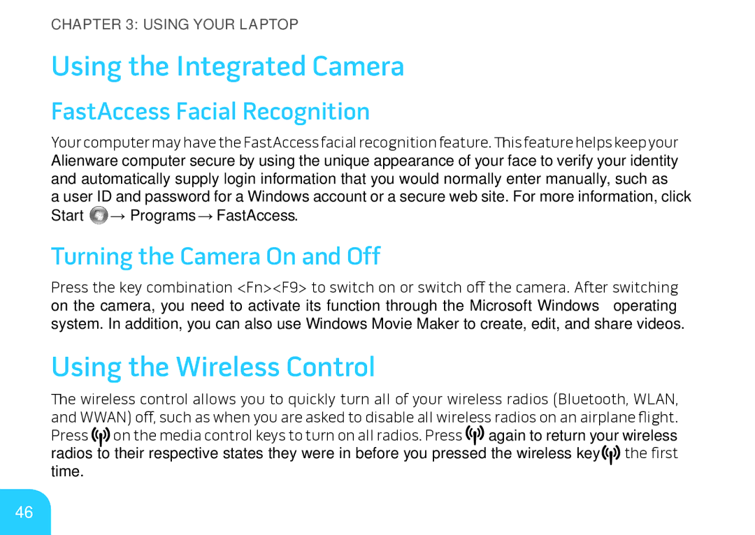 Alienware M17X manual Using the Integrated Camera, Using the Wireless Control, FastAccess Facial Recognition 