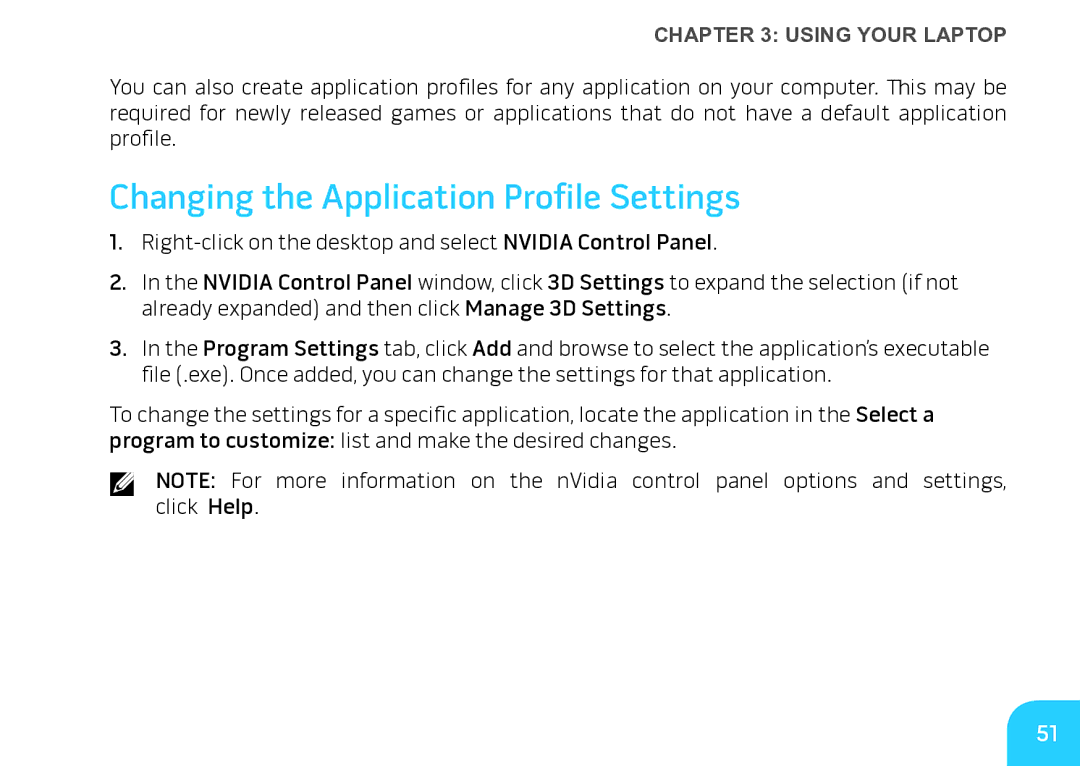 Alienware M17X manual Changing the Application Profile Settings 