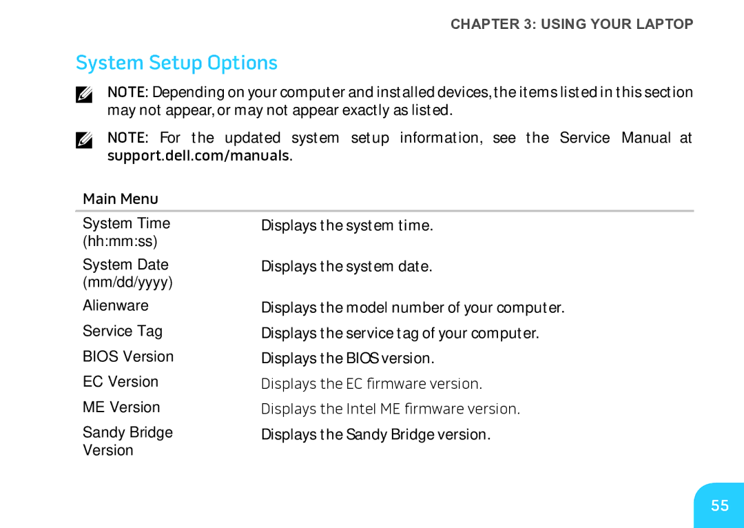 Alienware M17X manual System Setup Options 