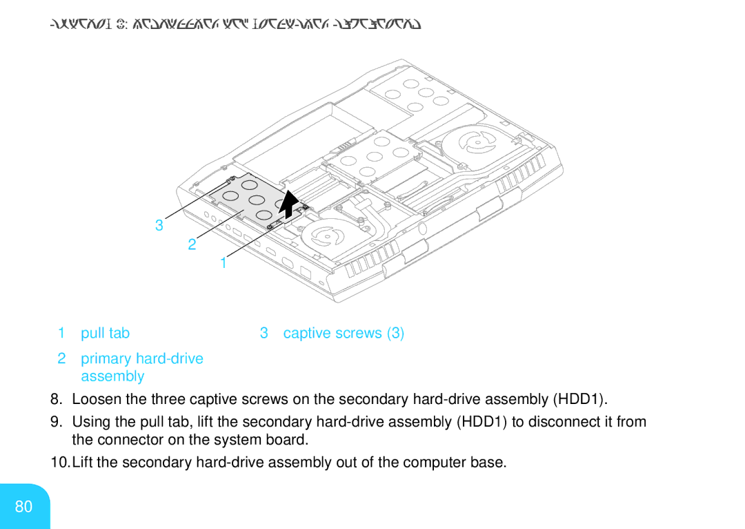 Alienware M17X manual Pull tab Captive screws Primary hard-drive assembly 