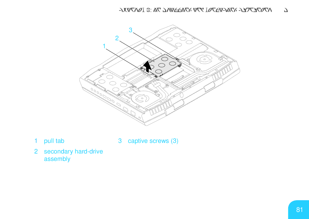 Alienware M17X manual Pull tab Captive screws Secondary hard-drive assembly 