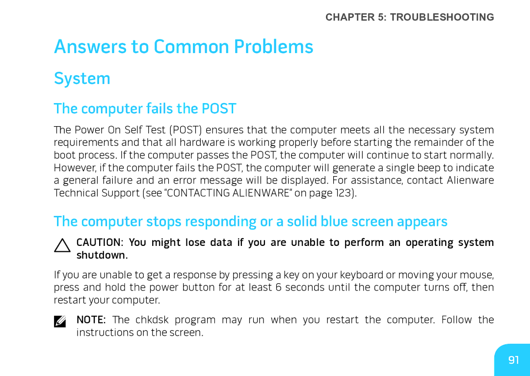 Alienware M17X manual Answers to Common Problems, System, Computer fails the Post 