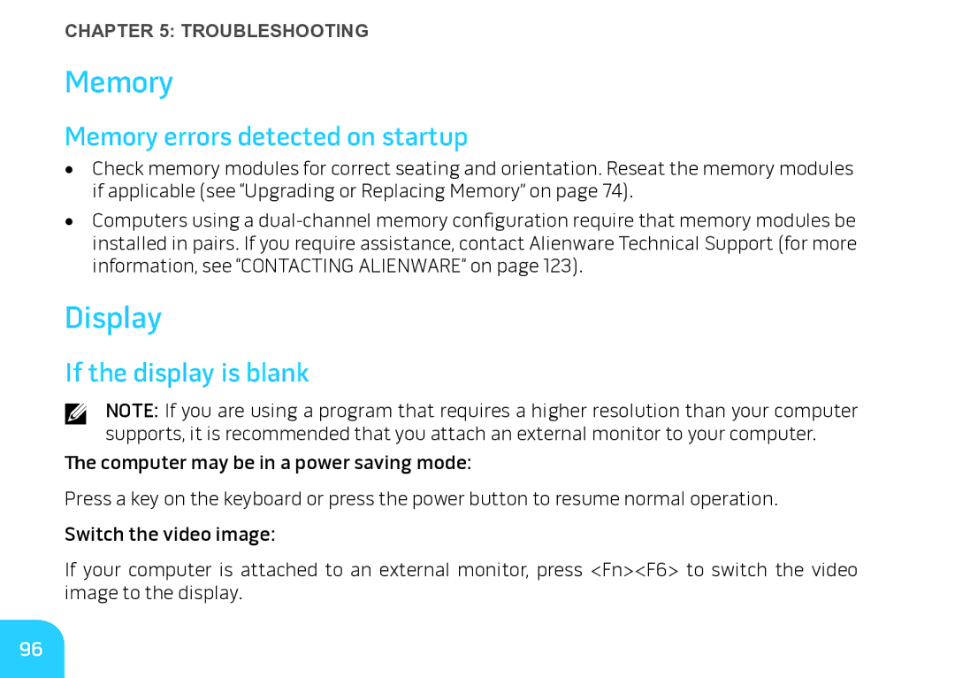 Alienware M17X manual Display, Memory errors detected on startup, If the display is blank 