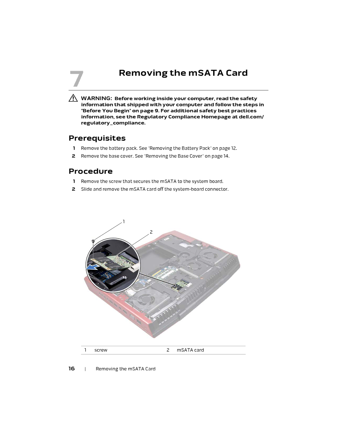 Alienware M18X R2 owner manual Removing the mSATA Card 