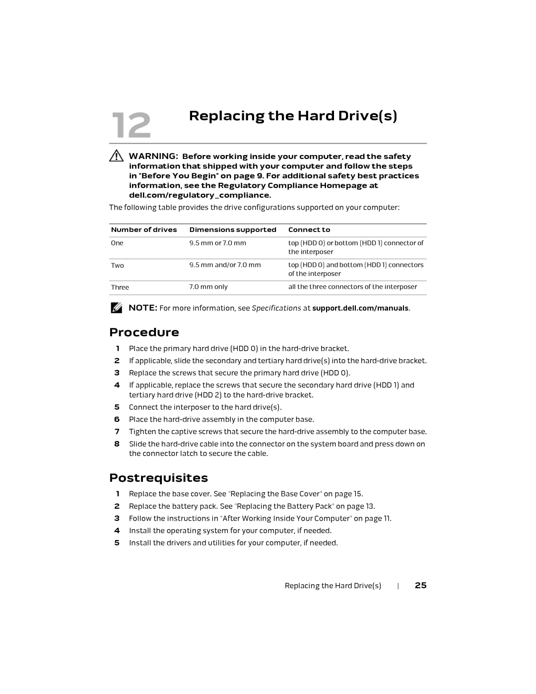 Alienware M18X R2 owner manual Replacing the Hard Drives, Number of drives Dimensions supported Connect to 