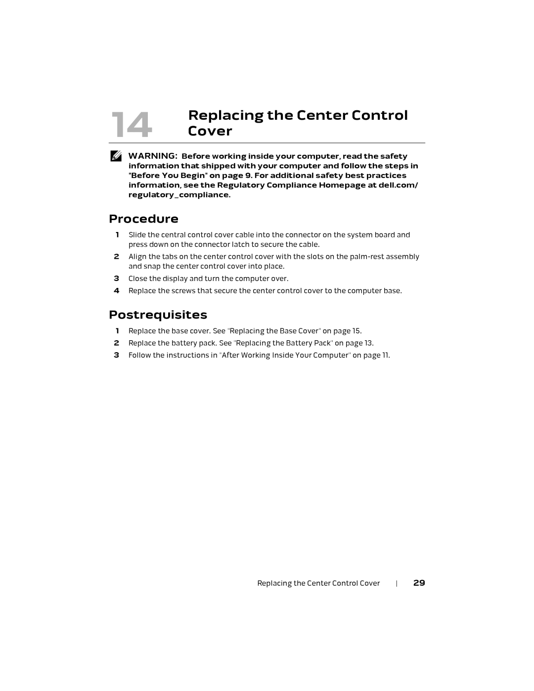 Alienware M18X R2 owner manual Replacing the Center Control, Cover 