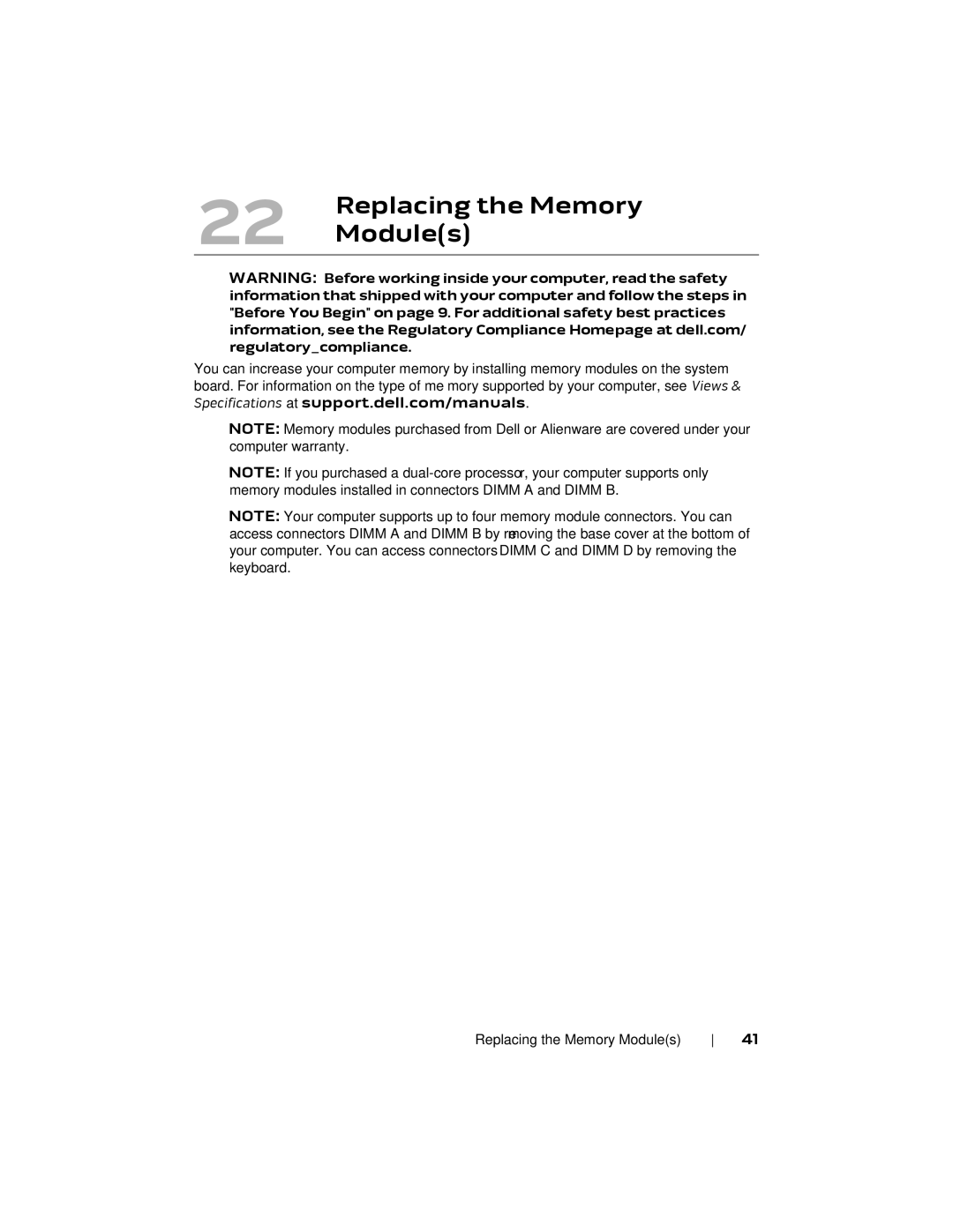 Alienware M18X R2 owner manual Replacing the Memory 