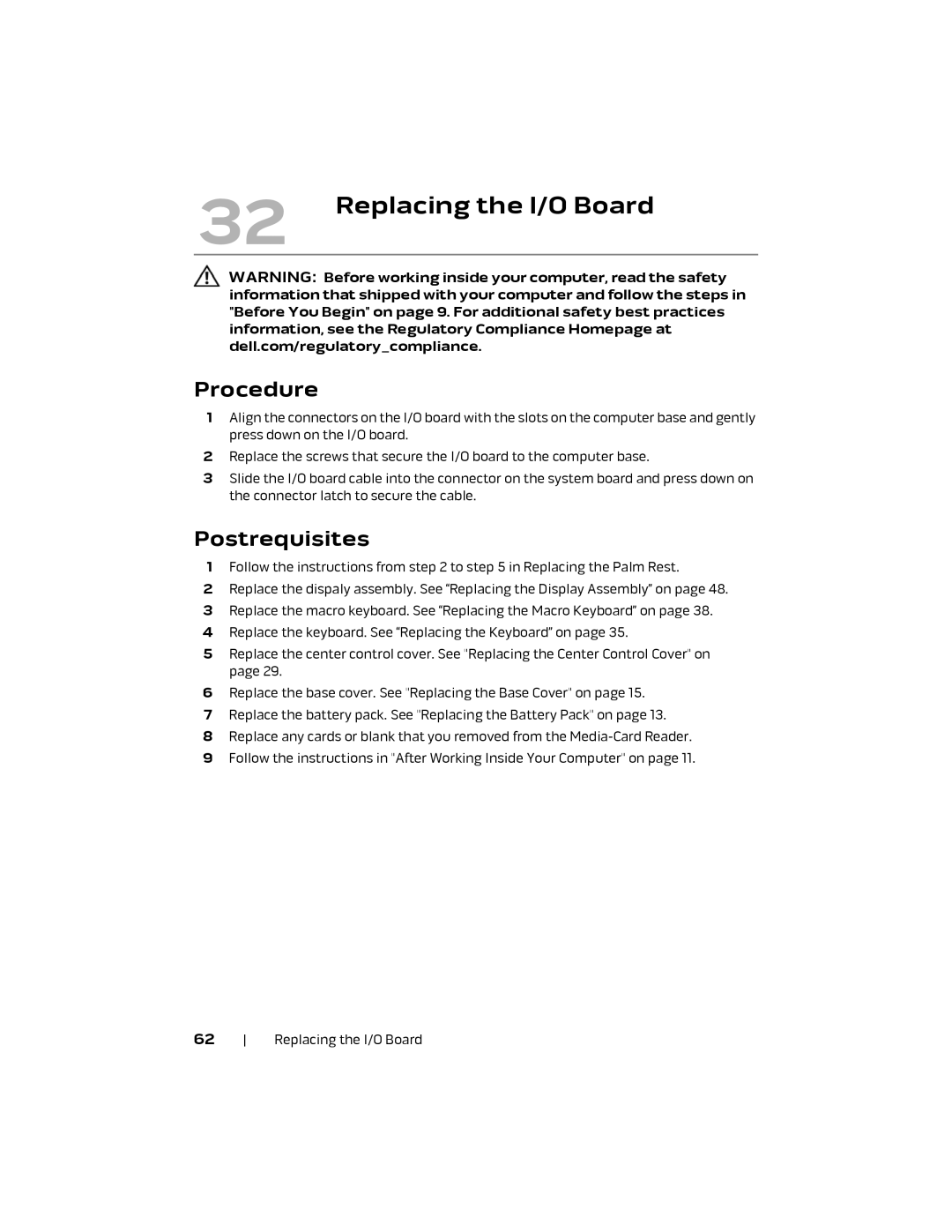 Alienware M18X R2 owner manual Replacing the I/O Board 