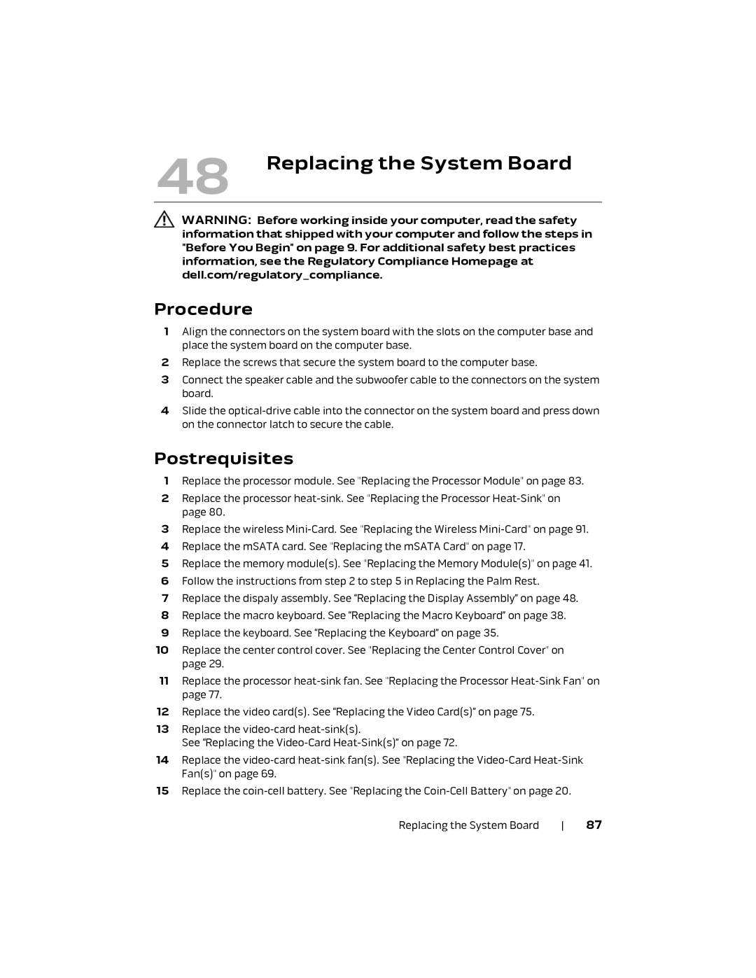 Alienware M18X R2 owner manual Replacing the System Board 