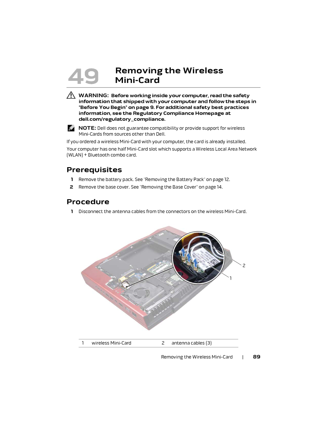 Alienware M18X R2 owner manual Removing the Wireless, Mini-Card 