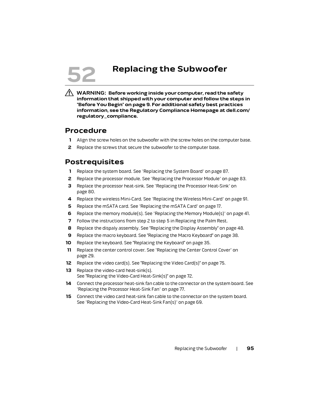 Alienware M18X R2 owner manual Replacing the Subwoofer 