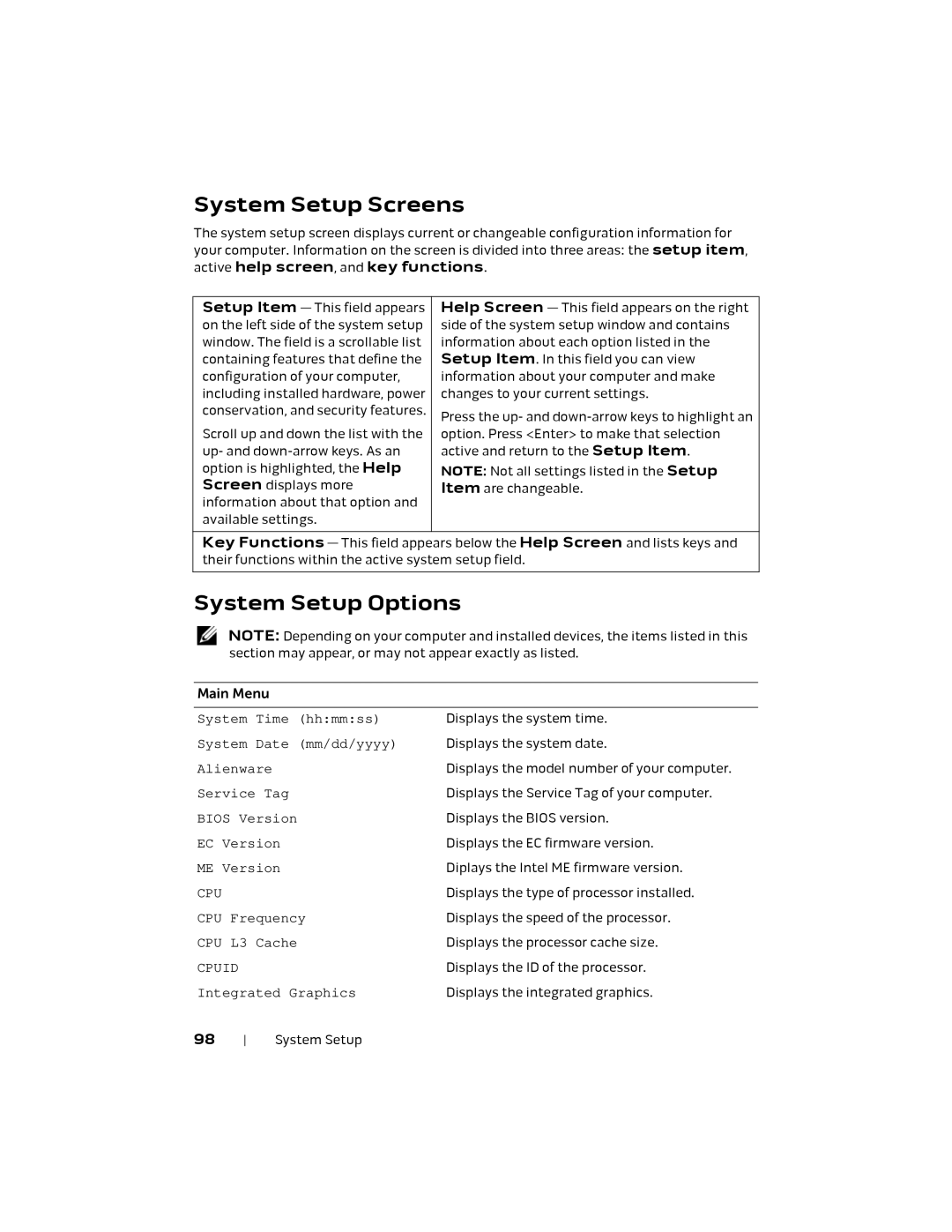 Alienware M18X R2 owner manual System Setup Screens 