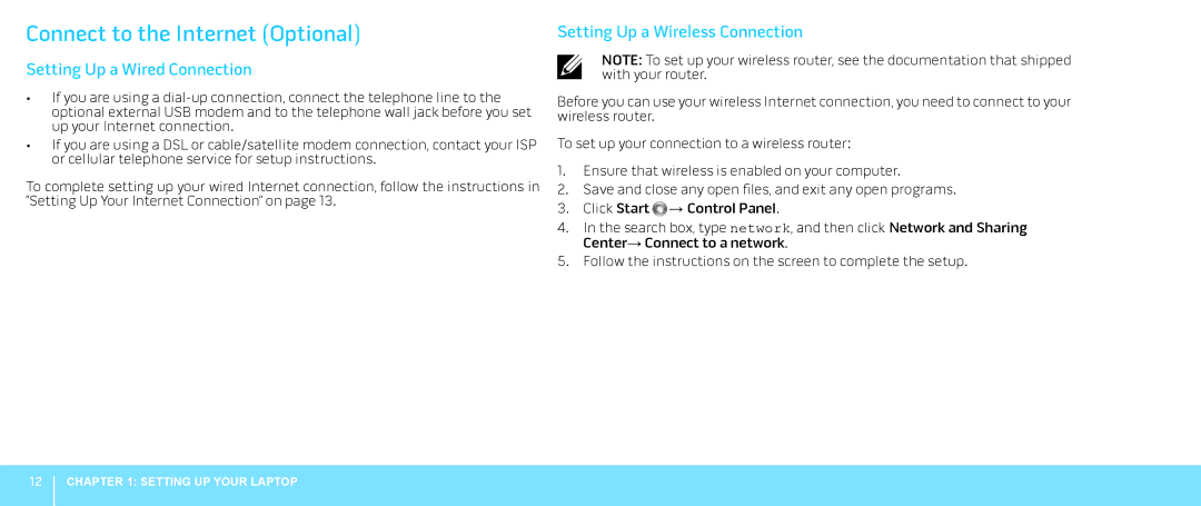 Alienware M18X manual Connect to the Internet Optional, Setting Up a Wired Connection, Setting Up a Wireless Connection 