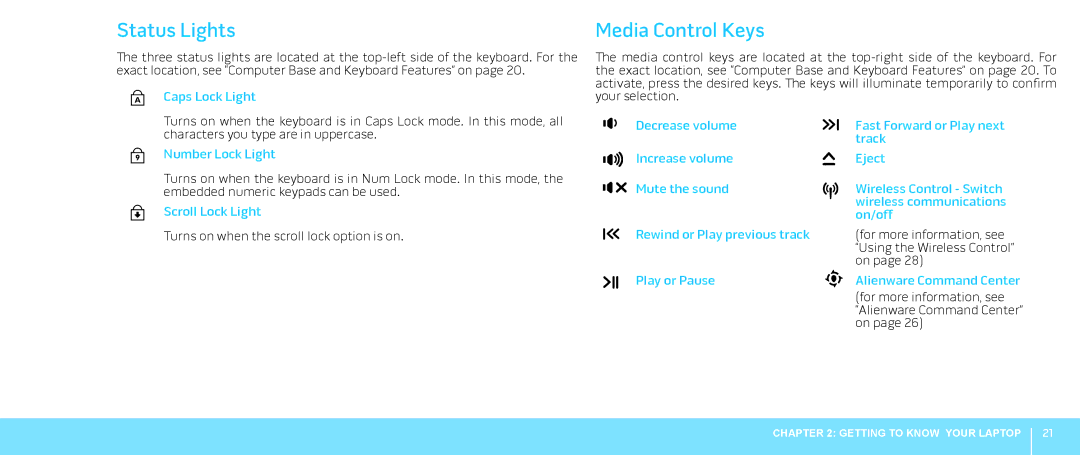 Alienware M18X manual Status Lights, Media Control Keys 