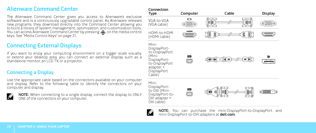 Alienware M18X manual Alienware Command Center, Connecting External Displays, Connecting a Display 