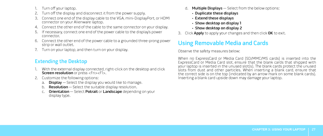 Alienware M18X manual Using Removable Media and Cards, Extending the Desktop 