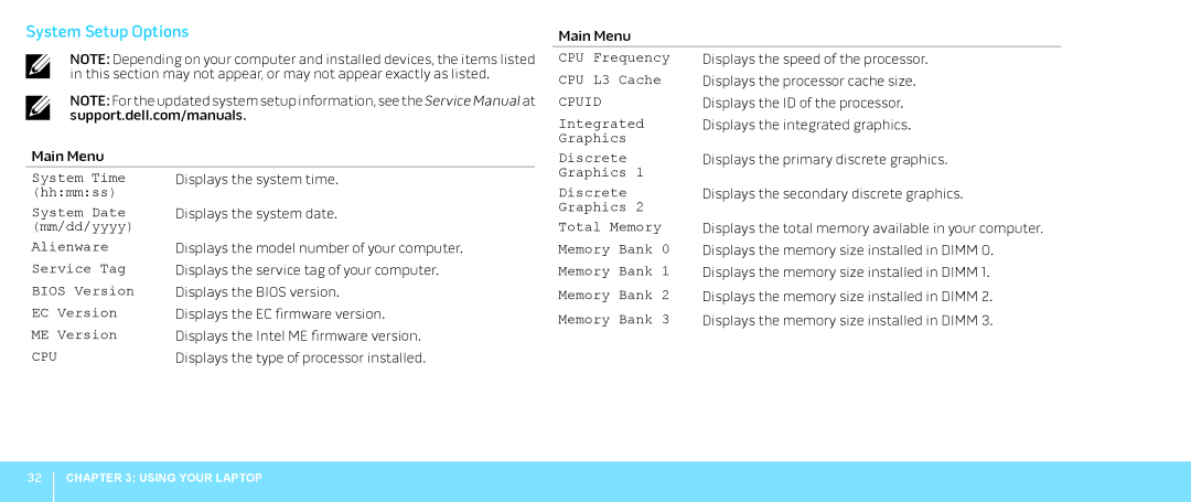 Alienware M18X manual System Setup Options, Cpu 