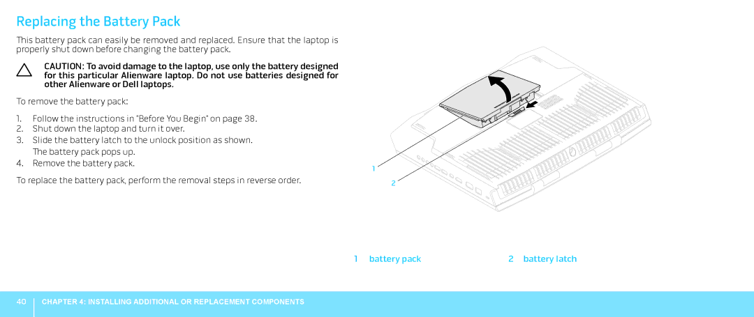 Alienware M18X manual Replacing the Battery Pack 