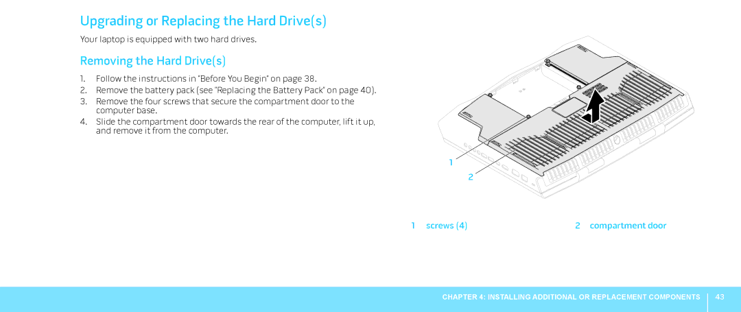 Alienware M18X manual Upgrading or Replacing the Hard Drives, Removing the Hard Drives 