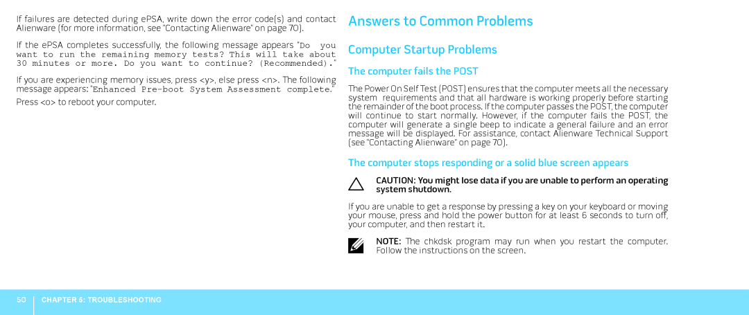 Alienware M18X manual Answers to Common Problems, Computer Startup Problems, Computer fails the Post 