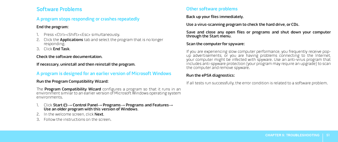 Alienware M18X manual Software Problems, Program stops responding or crashes repeatedly, Other software problems 