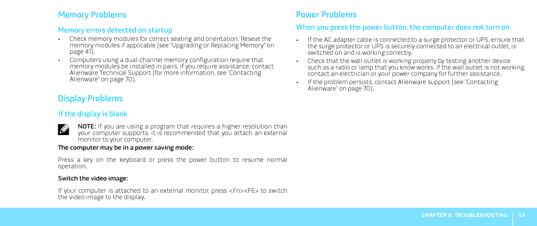 Alienware M18X manual Memory Problems, Display Problems, Power Problems, Memory errors detected on startup 