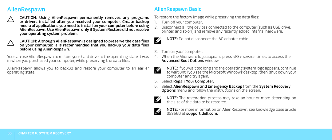 Alienware M18X manual AlienRespawn Basic 