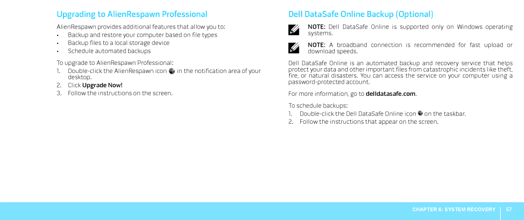 Alienware M18X manual Upgrading to AlienRespawn Professional, Dell DataSafe Online Backup Optional 