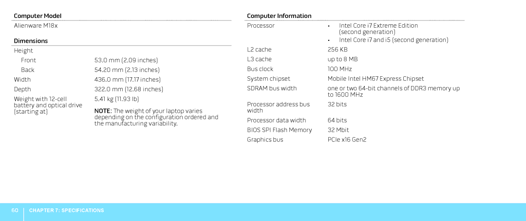 Alienware M18X manual Specifications 