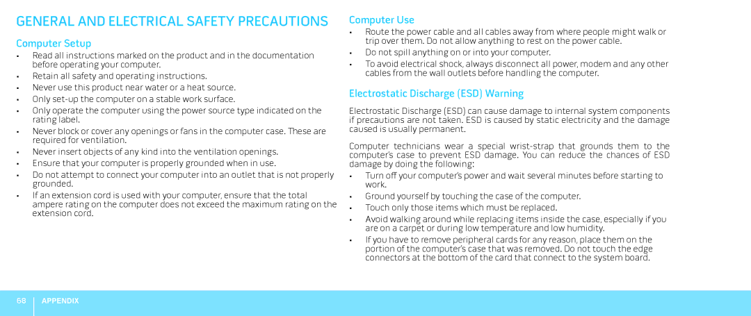 Alienware M18X manual Computer Setup, Computer Use, Electrostatic Discharge ESD Warning 