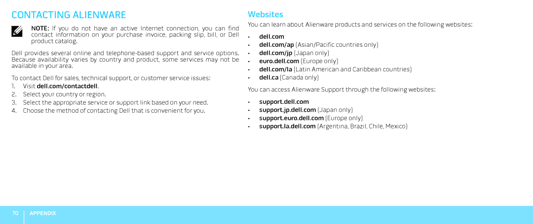 Alienware M18X manual Contacting Alienware, Websites 