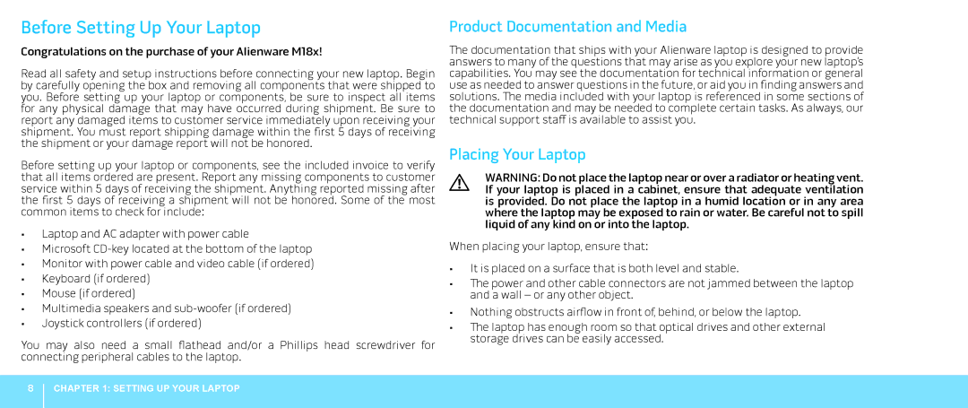 Alienware M18X manual Before Setting Up Your Laptop, Product Documentation and Media, Placing Your Laptop 