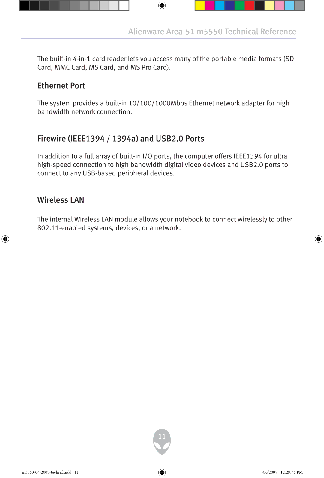 Alienware m5550 user manual Ethernet Port, Firewire IEEE1394 / 1394a and USB2.0 Ports, Wireless LAN 