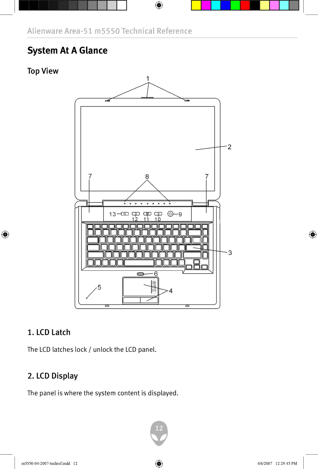 Alienware m5550 user manual System At a Glance, Top View LCD Latch 