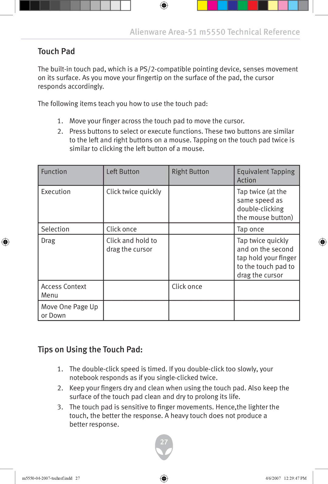 Alienware m5550 user manual Tips on Using the Touch Pad 