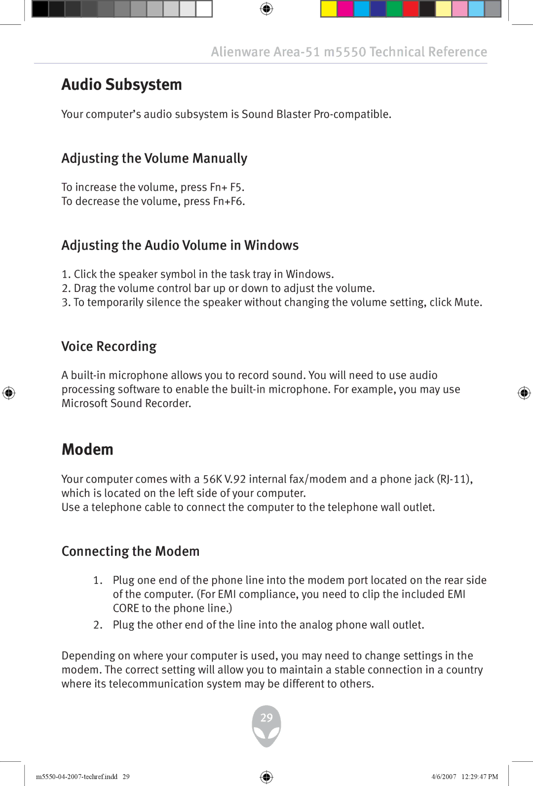 Alienware m5550 user manual Audio Subsystem, Modem 