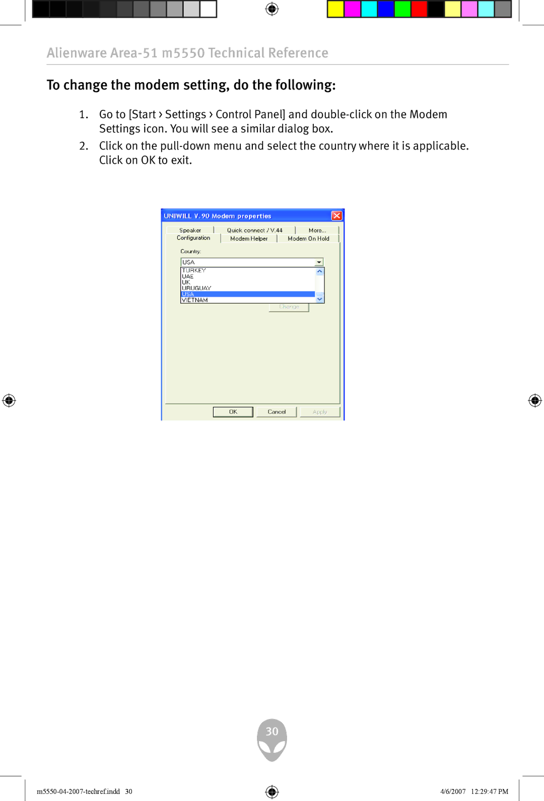 Alienware m5550 user manual To change the modem setting, do the following 