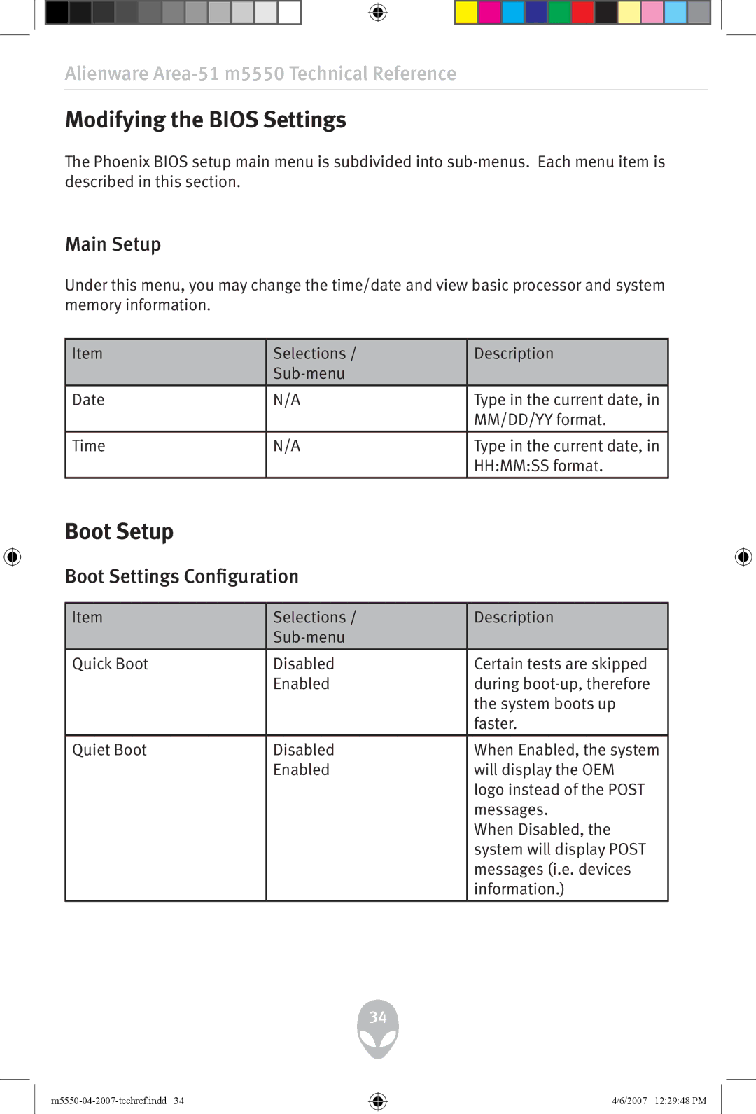 Alienware m5550 user manual Modifying the Bios Settings, Boot Setup, Main Setup, Boot Settings Configuration 