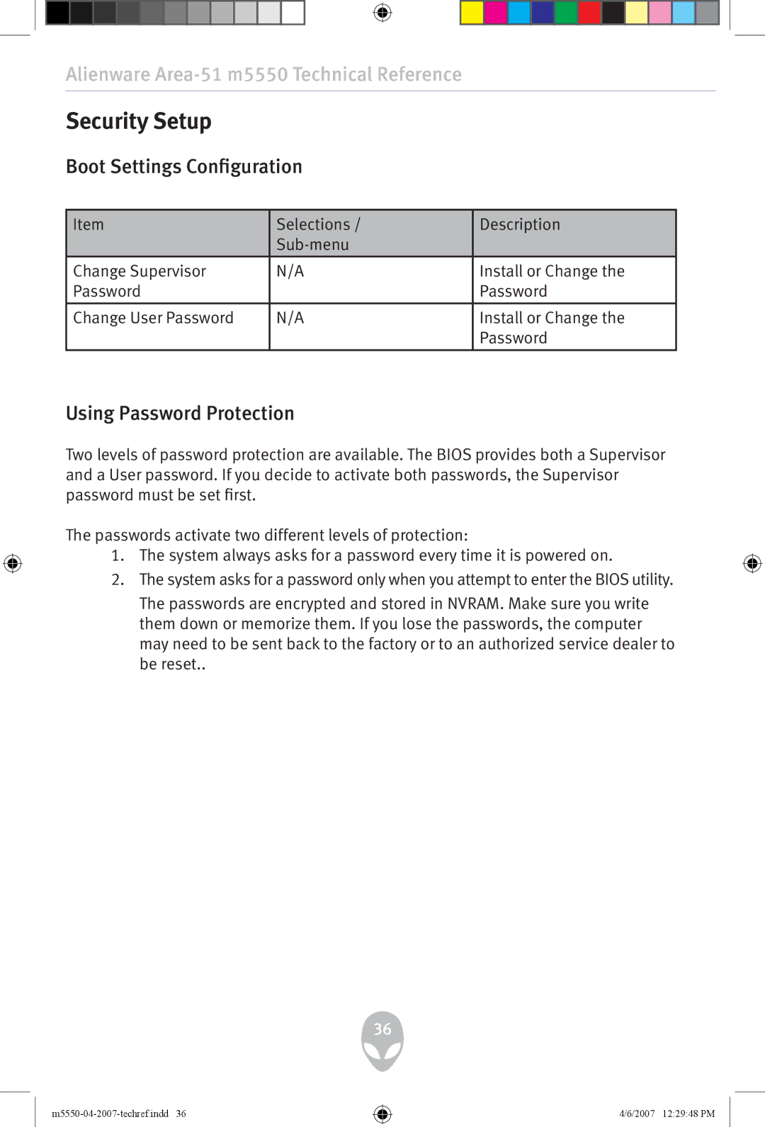 Alienware m5550 user manual Security Setup, Using Password Protection 