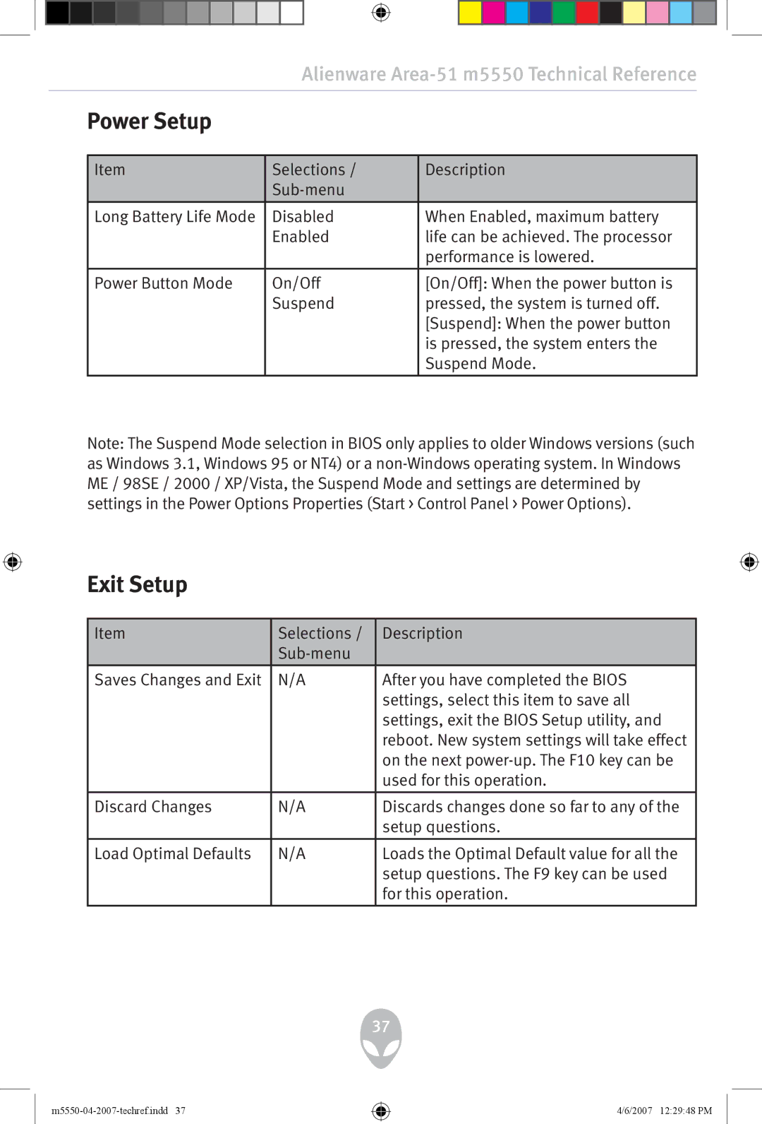 Alienware m5550 user manual Power Setup, Exit Setup 