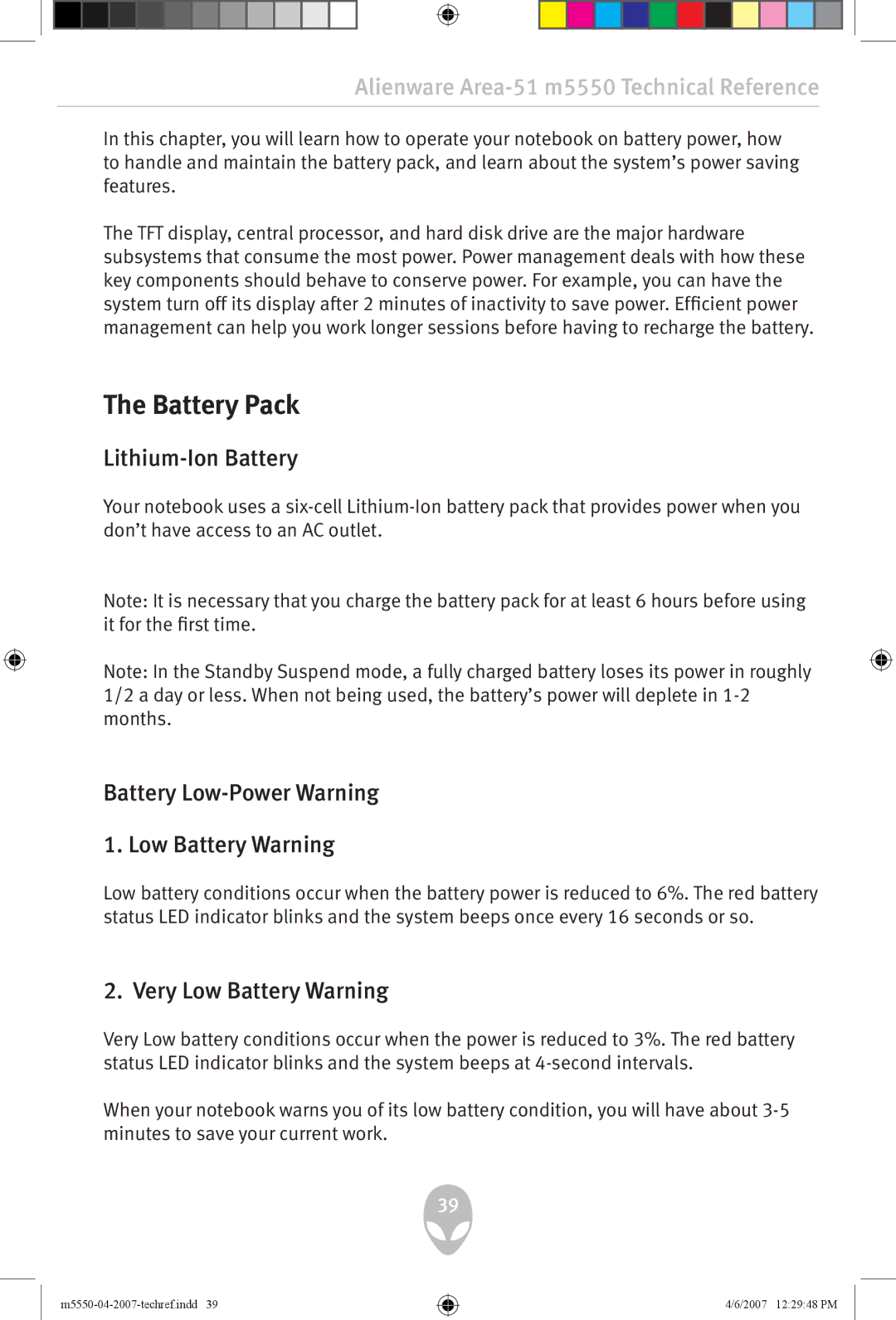 Alienware m5550 Battery Pack, Lithium-Ion Battery, Battery Low-Power Warning Low Battery Warning, Very Low Battery Warning 