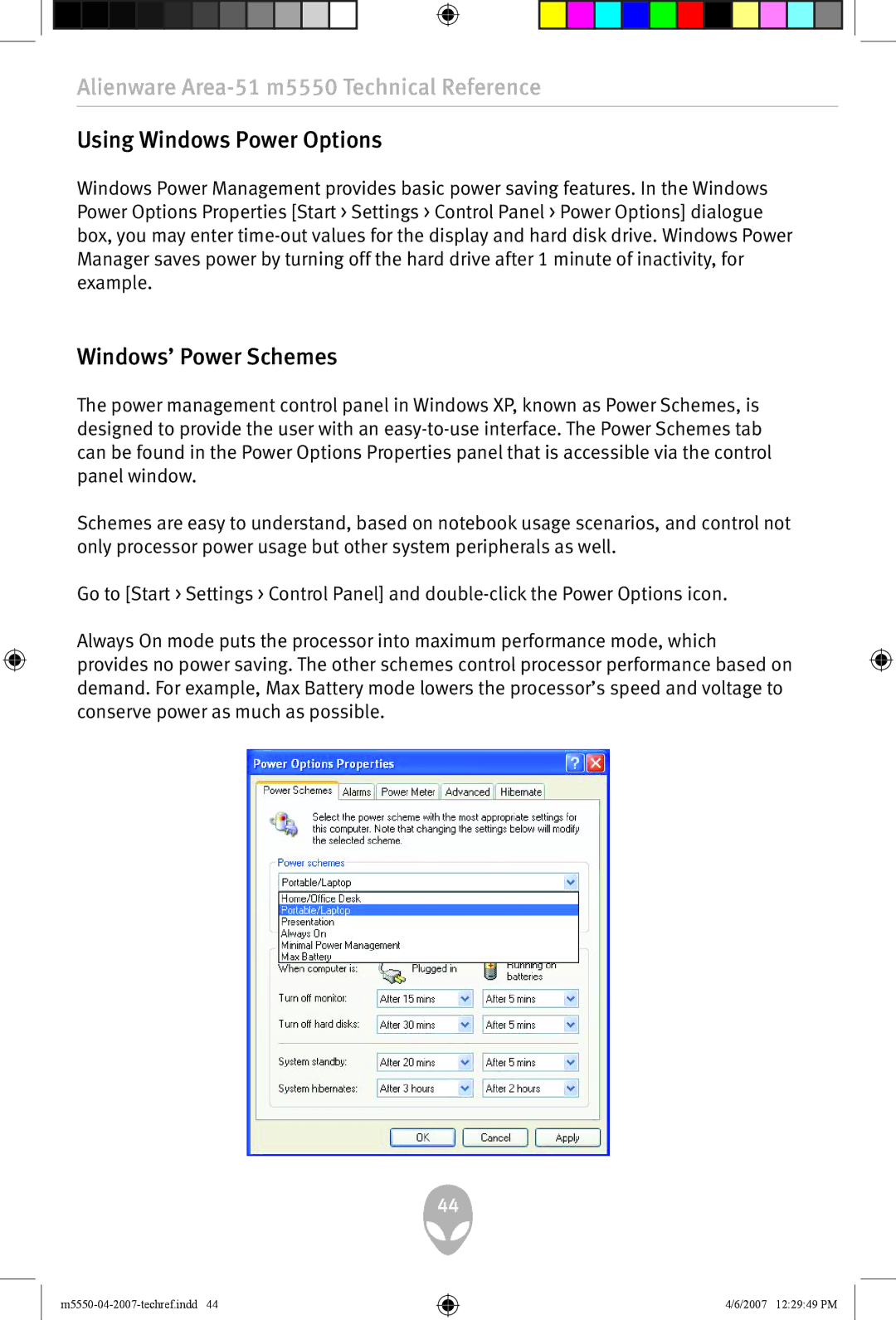 Alienware m5550 user manual Using Windows Power Options, Windows’ Power Schemes 