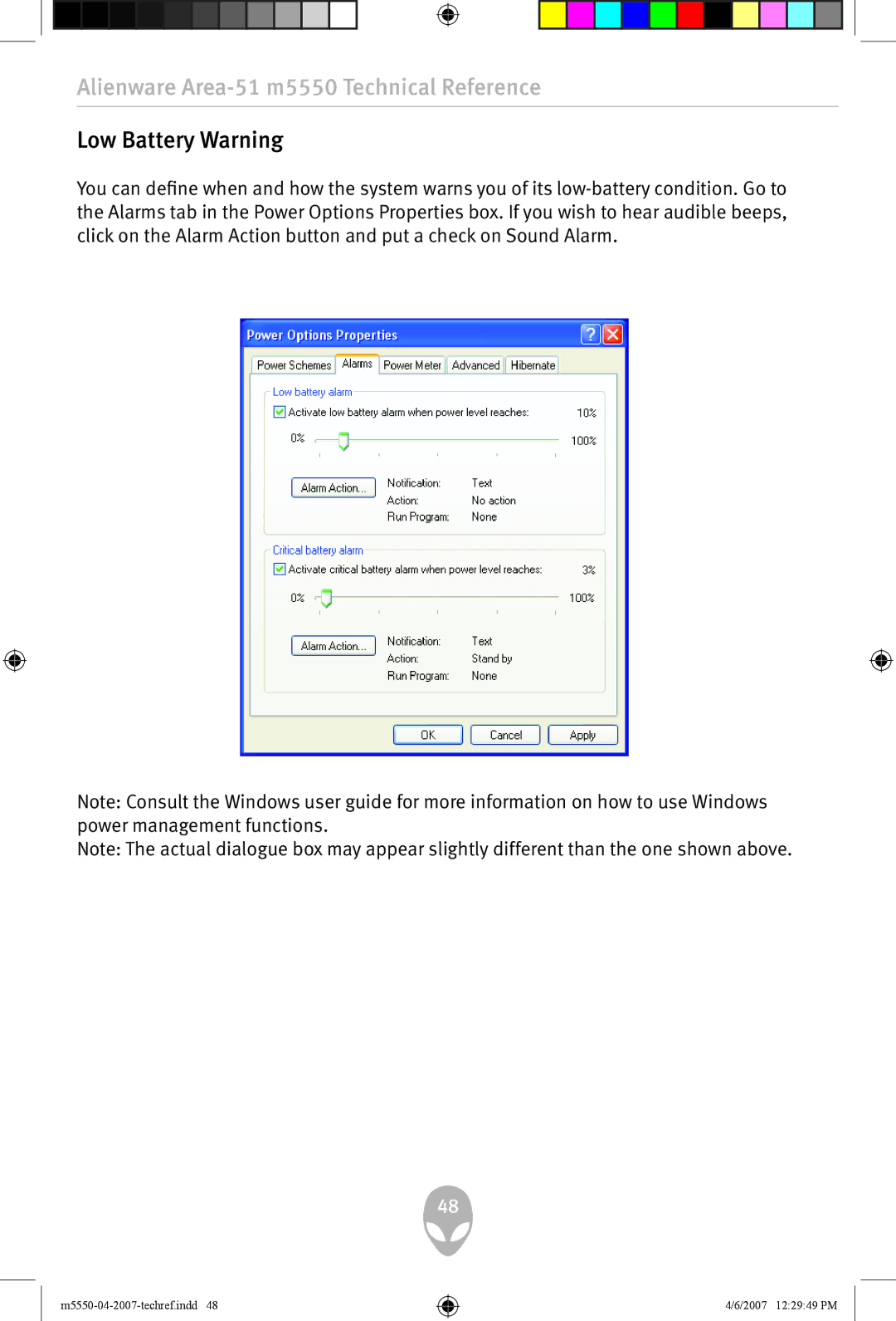 Alienware m5550 user manual Low Battery Warning 