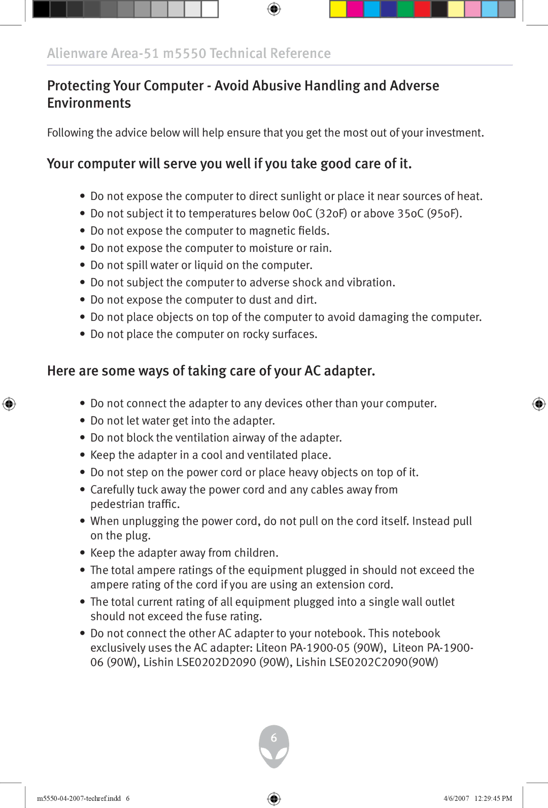 Alienware m5550 user manual Here are some ways of taking care of your AC adapter 