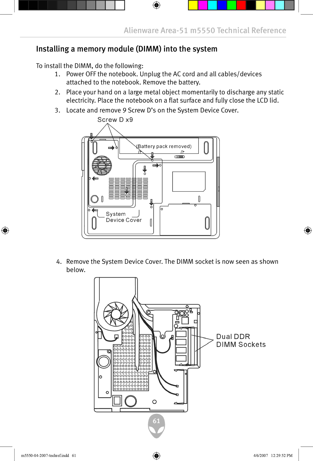 Alienware m5550 user manual Installing a memory module Dimm into the system 