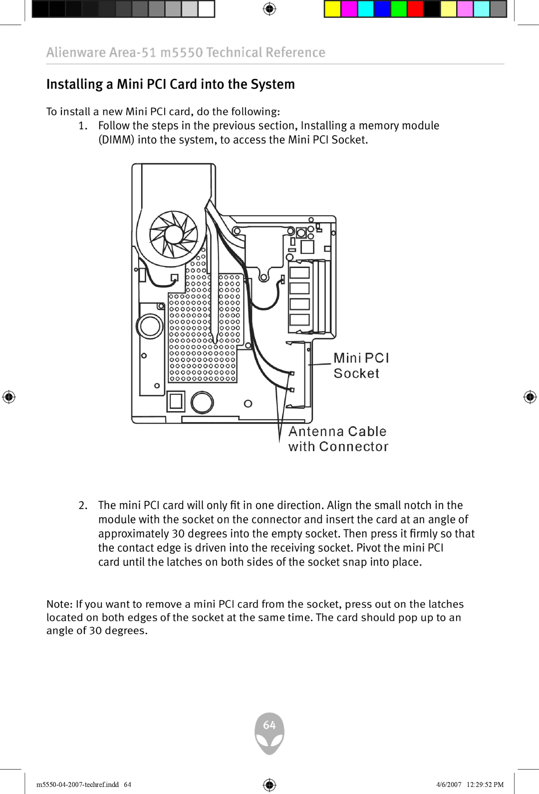 Alienware m5550 user manual Installing a Mini PCI Card into the System 