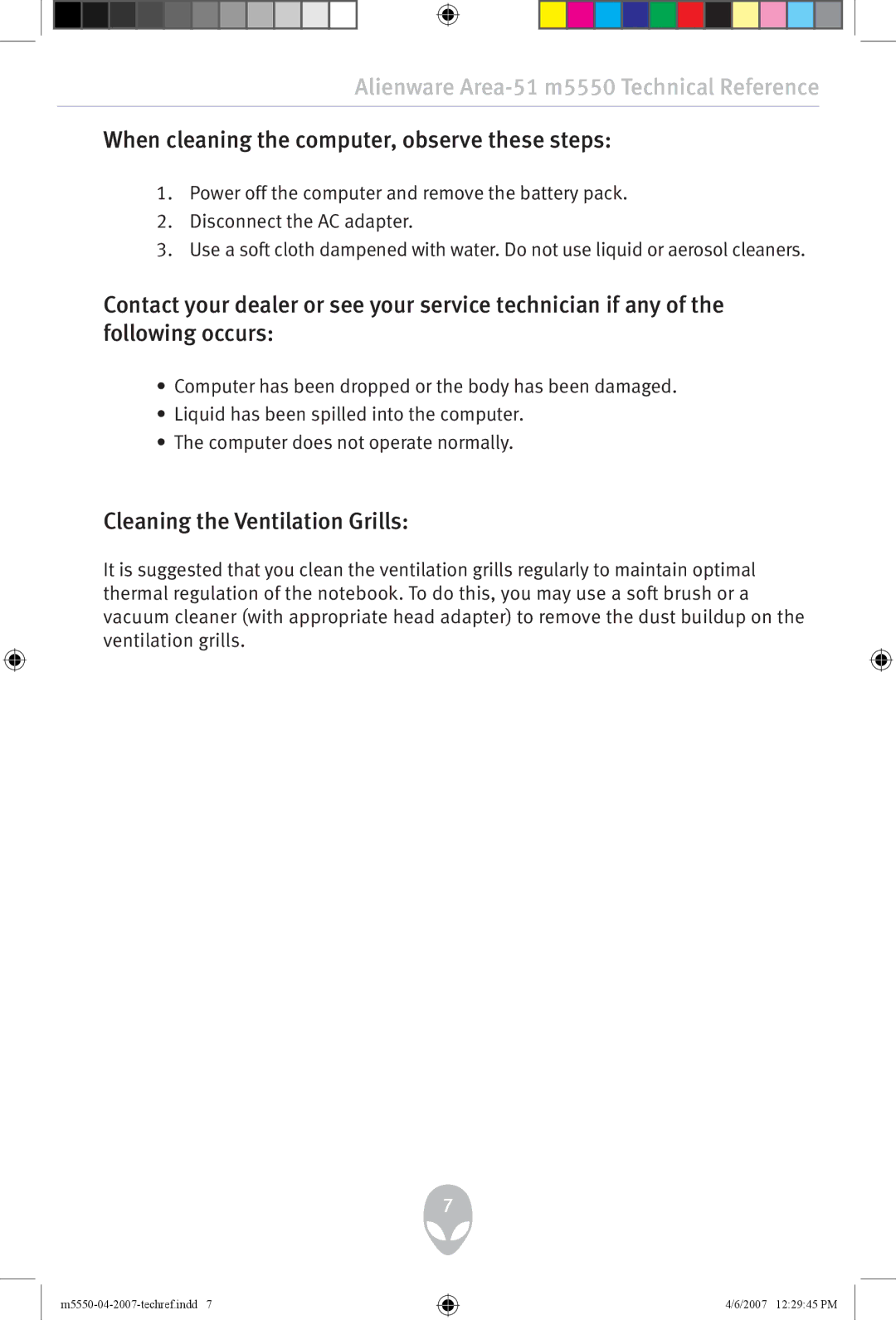 Alienware m5550 user manual When cleaning the computer, observe these steps, Cleaning the Ventilation Grills 