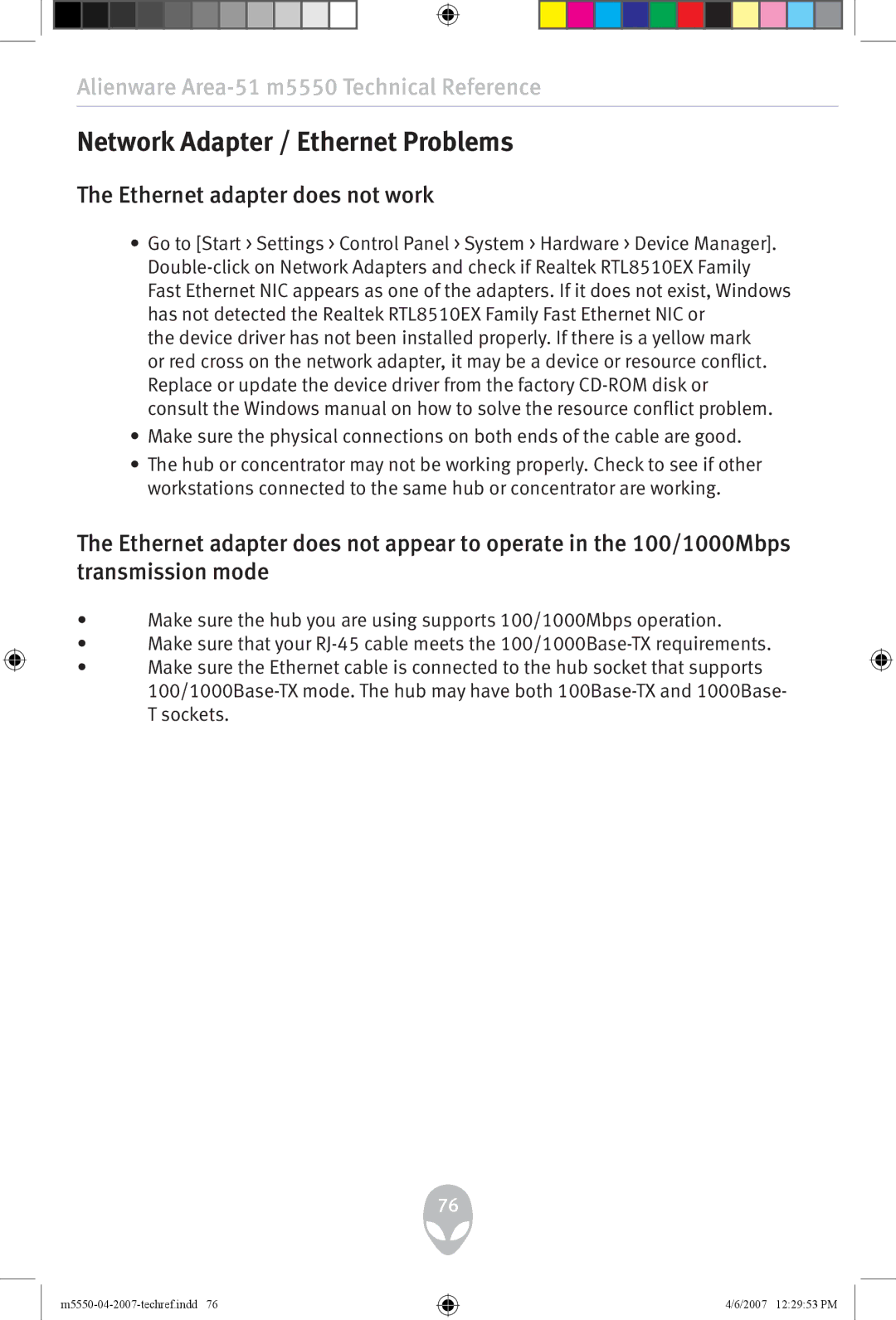 Alienware m5550 user manual Network Adapter / Ethernet Problems, Ethernet adapter does not work 