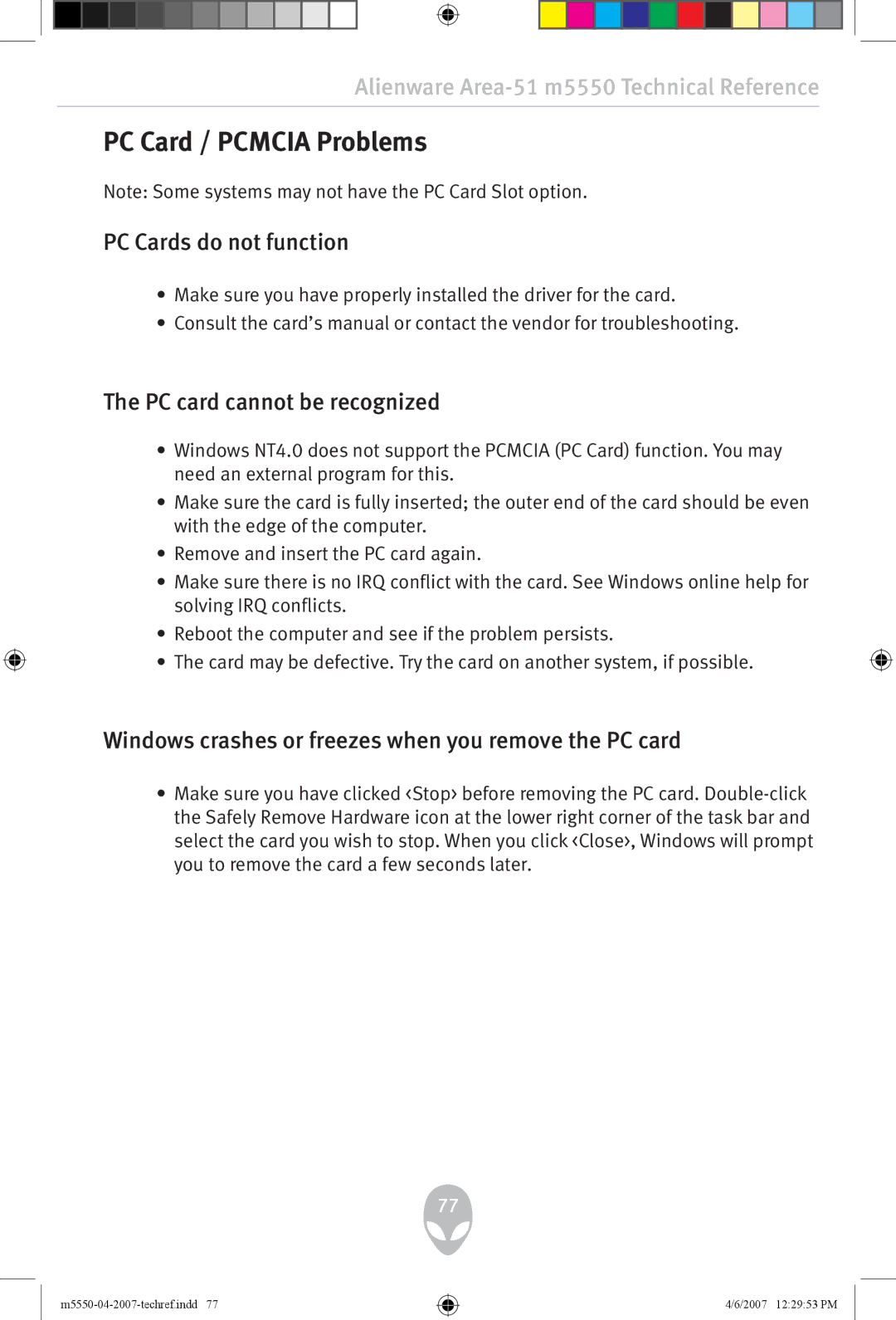 Alienware m5550 user manual PC Card / Pcmcia Problems, PC Cards do not function, PC card cannot be recognized 