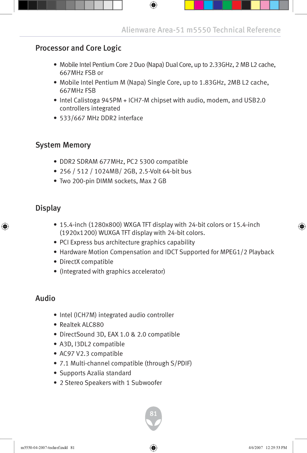 Alienware m5550 user manual Processor and Core Logic, System Memory, Display, Audio 